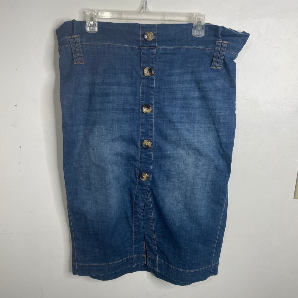 Womens Denim Midi Skirt‎ Blue Paperbag Waist Button Front XL READ